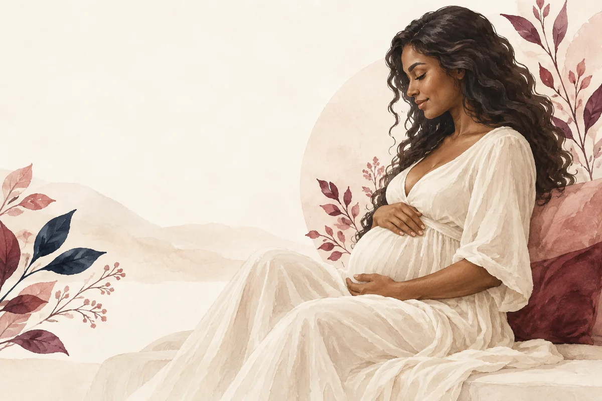 Ilustração de uma gestante sentada com as mãos sobre a barriga