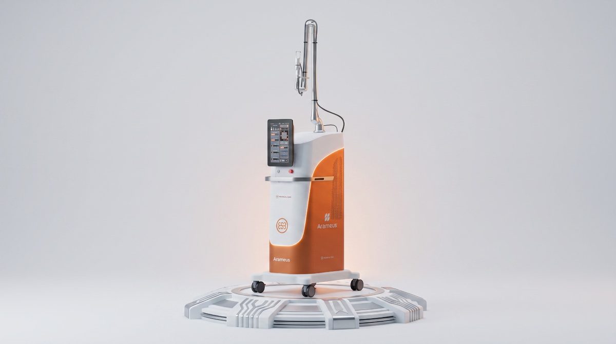 Detalhe do laser de CO2 fracionado, com o painel de controle e a peça de mão