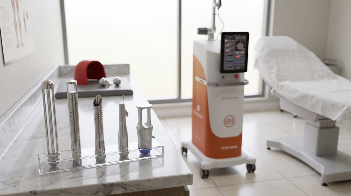 Sala de procedimentos com o laser de CO2 e o instrumental preparado sobre a bancada